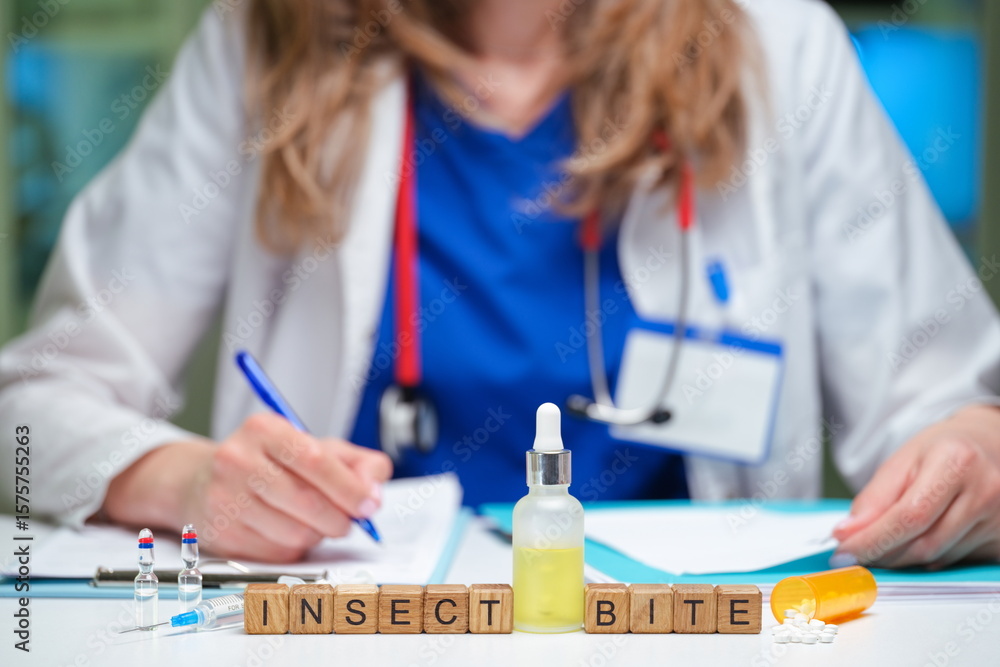 Fototapeta premium In a clinical setting, a dedicated healthcare worker carefully examines a treatment for an insect bite