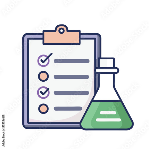 scientific checklist with beaker icon, vector symbol for lab preparation, chemical experiments, and research planning