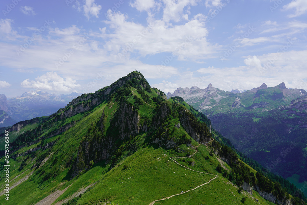 Fototapeta premium The view of the mountains and a footpath, Stoos Ridge Hike, Switzerland 