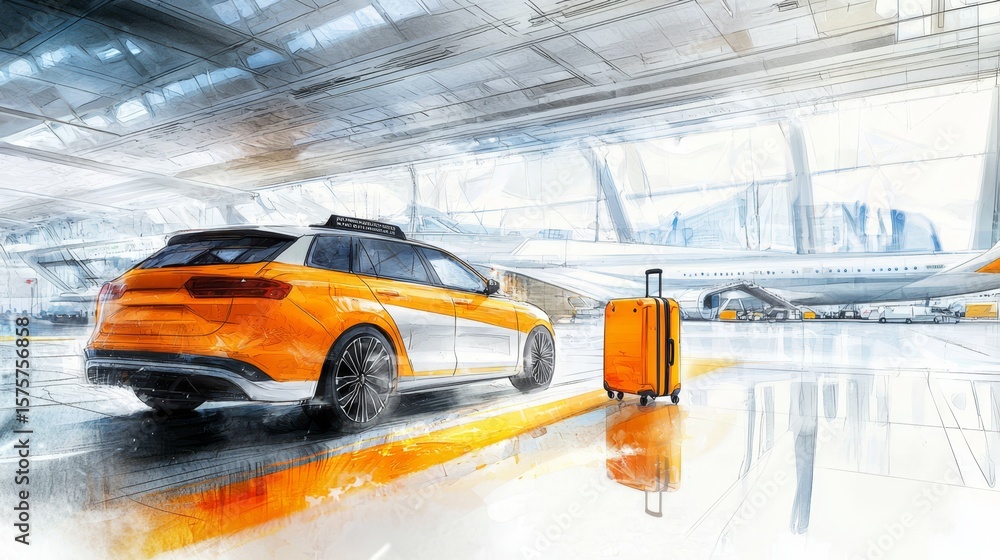 Fototapeta premium Modern orange and white taxi parked, ready for passengers.