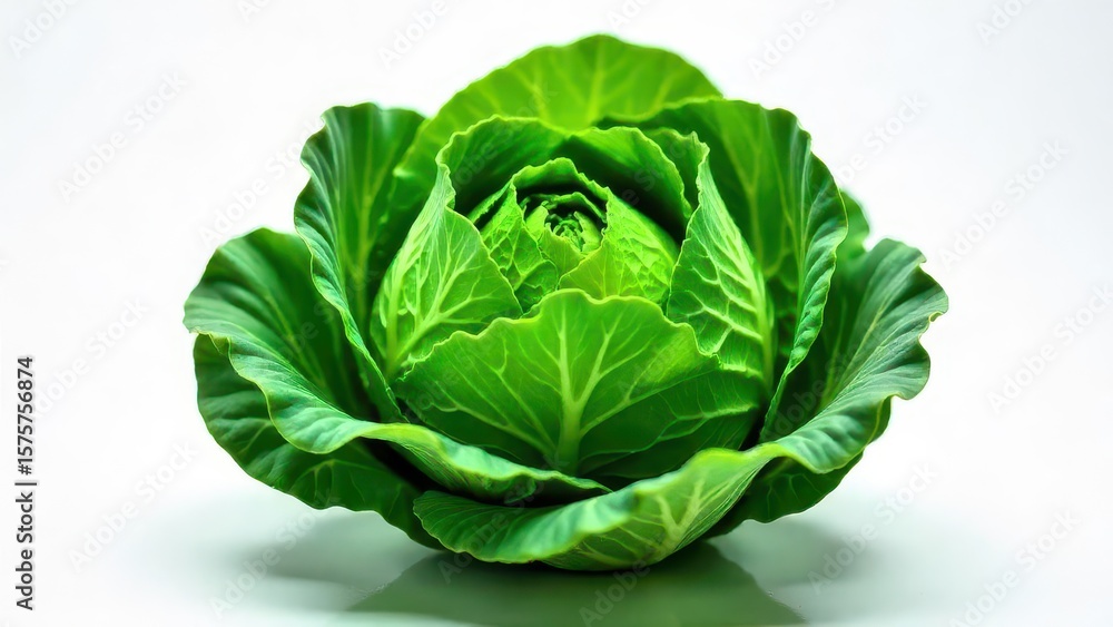 Obraz premium Vibrant Green Cabbage Head, Freshly Harvested, Isolated on White Background, Displaying Intricate Leaf Detail and Natural Texture