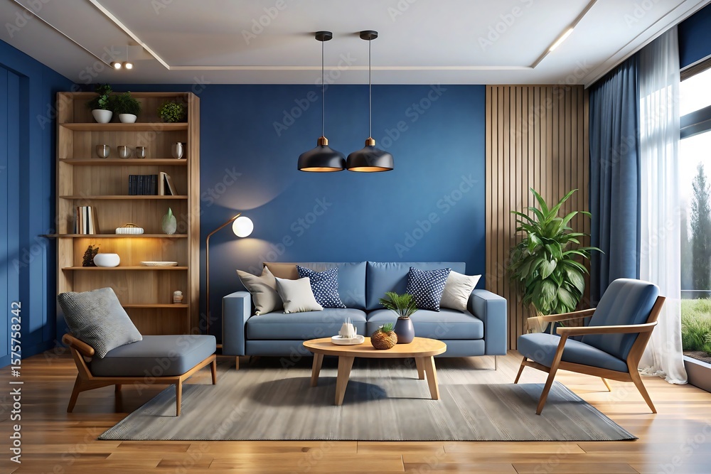 Fototapeta premium A modern blue living room features stylish furniture, contemporary decor, and ample natural light