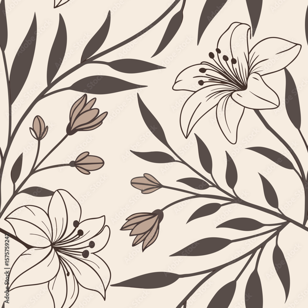 Fototapeta premium Timeless seamless pattern with large lilies and slender leaves in elegant muted tones. Perfect for wallpaper, fabric, and sophisticated design projects.