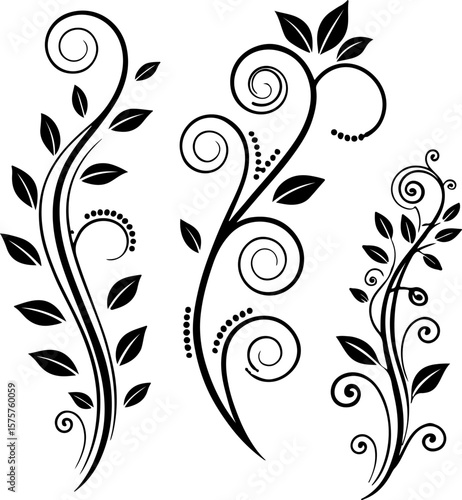 mage features a set of three intricate black and white floral designs, each with a unique style and layout. The designs are composed of swirling, curvilinear patterns that resemble stylized plants or 