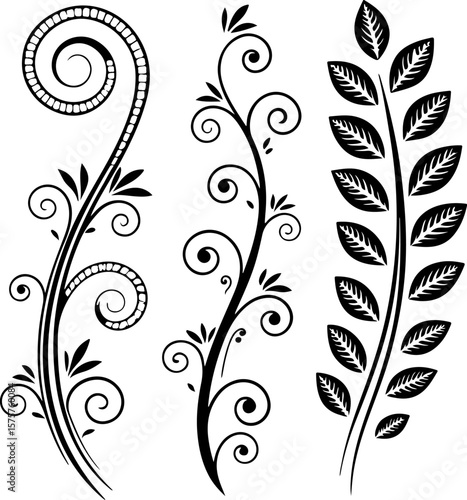 mage features a set of three intricate black and white floral designs, each with a unique style and layout. The designs are composed of swirling, curvilinear patterns that resemble stylized plants or 