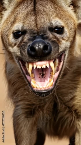 Hyena's Fierce Gaze: A close-up portrait of a hyena reveals its formidable power and aggression, teeth bared in a snarl, eyes blazing with predatory intent.