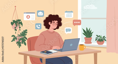 Woman Working Remotely with Communication Icons in Cozy Home Office
