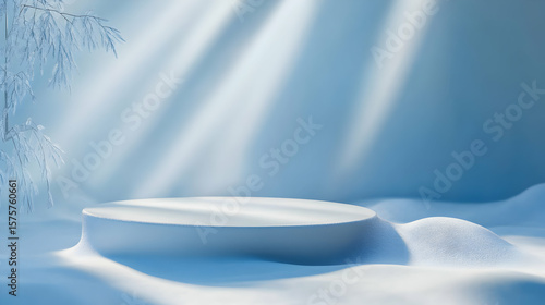 Minimalist product display podium in winter scene with snowy landscape and sun rays