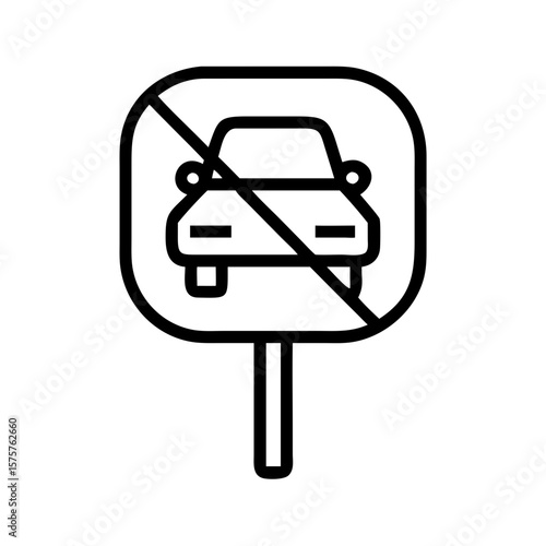 Line icon of a no parking road sign with a crossed-out car symbol. Suitable for use in traffic-related apps, navigation interfaces, urban planning materials, or driver education content. Clear symbol 