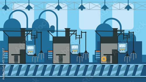 Industrial factory with machines and production tools in operation. Vector illustration