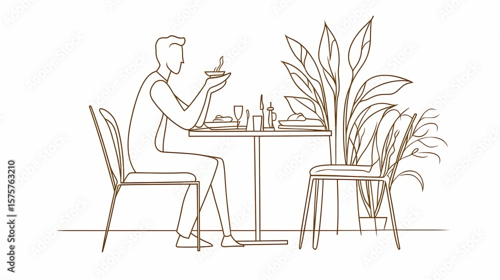 Fototapeta premium Person dining at a table with plants.