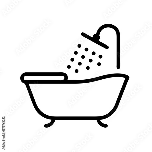 Simple bathtub outline icon with a shower head. Bathtub icon fits wellness apps, hotel UI, or bathroom design layouts. The bathtub symbolizes hygiene, relaxation, and daily routines.