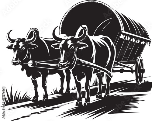 Two powerful oxen pulling a traditional wooden cart loaded with goods through a rural landscape
