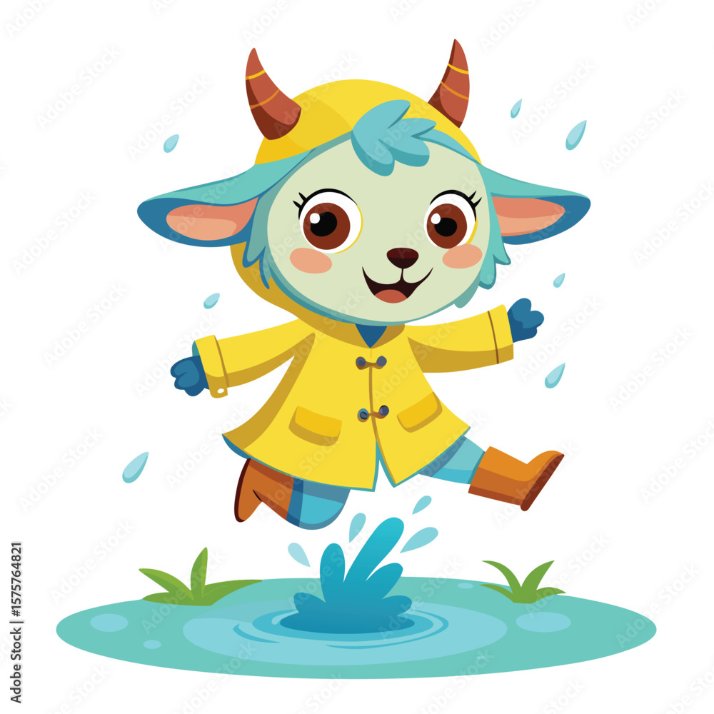 Fototapeta premium Cute cartoon goat in yellow raincoat jumping in a puddle on a rainy day