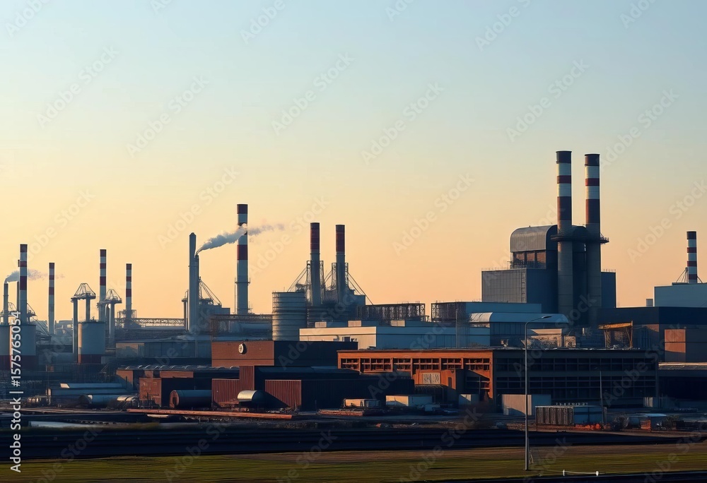 Obraz premium Abstract industrial landscape with factory buildings and smokestacks, conveying a sense of heavy industry, landscape, illustration