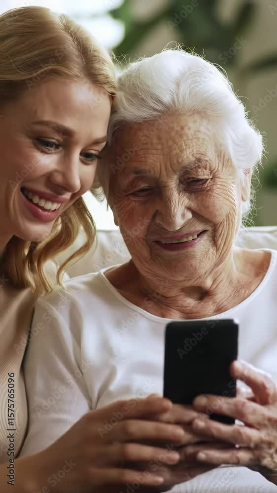 Medium close-up video of young blonde caucasian woman and elderly grey-haired caucasian woman sharing a smartphone, talking, laughing under soft natural light, blurred cozy indoor background. Concept Medium close-up video of young blonde caucasian woman and elderly grey-haired caucasian woman sharing a smartphone, talking, laughing under soft natural light, blurred cozy indoor background. Concept