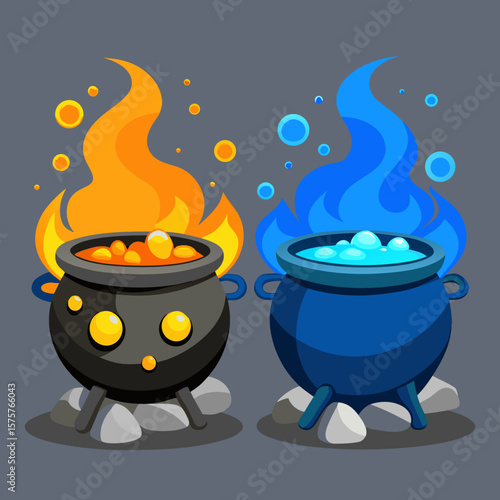 Two cartoon cauldrons one with orange fire and bubbling contents and one with blue fire and bubbling contents