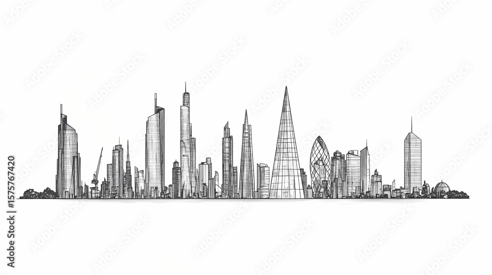 Fototapeta premium Detailed architectural drawing of a city skyline.