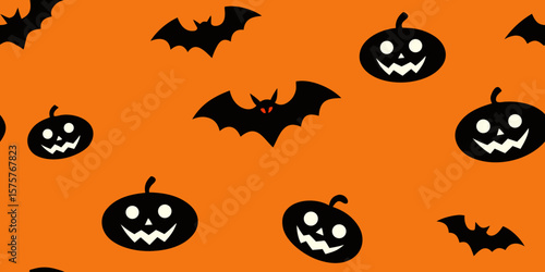 An eerie autumn night scene with spooky cartoon pumpkins, bats, and a full moon, perfect for a Halloween celebration illustration