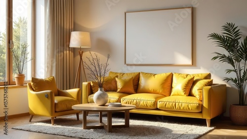 A sunlit living room features a mustard yellow leather sofa and armchair, a wooden coffee table, and a minimalist framed artwork, creating a warm and inviting atmosphere.
