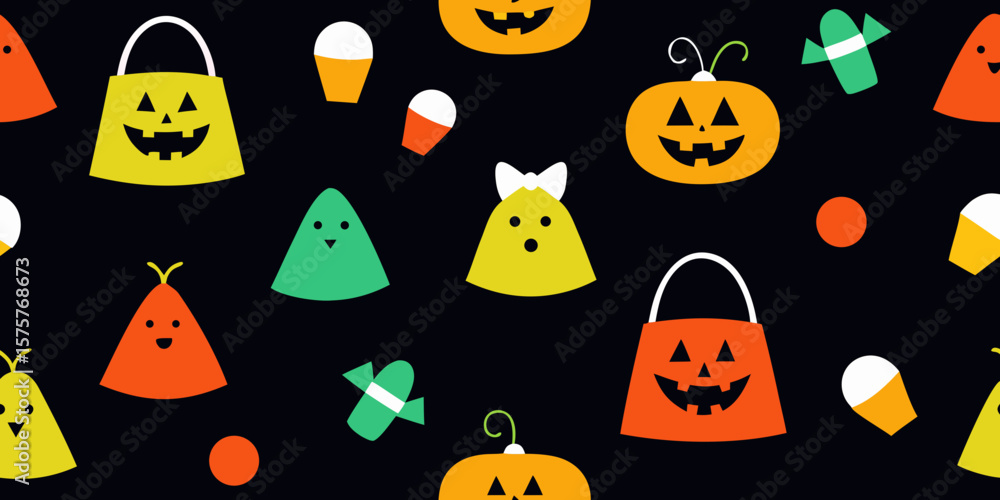 Halloween seamless pattern with spooky cartoon pumpkin, bat, ghost, and witch hat icons, perfect for an October holiday design Halloween seamless pattern with spooky cartoon pumpkin, bat, ghost, and witch hat icons, perfect for an October holiday design