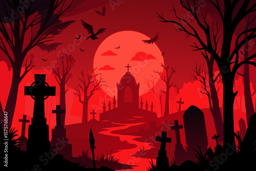 Spooky Halloween night with a scary moon, silhouetted trees, bats, and a haunted house in a dark cemetery illustration