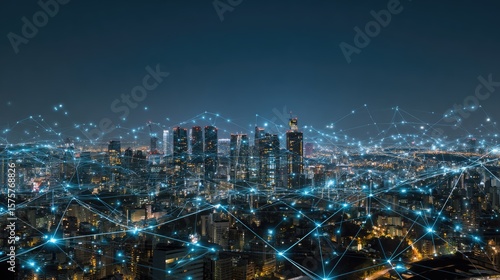 Wallpaper Mural Night Cityscape with Futuristic Network Overlay: A stunning aerial view of a modern cityscape at night, interlaced with a dynamic, interconnected network of digital pathways. Torontodigital.ca