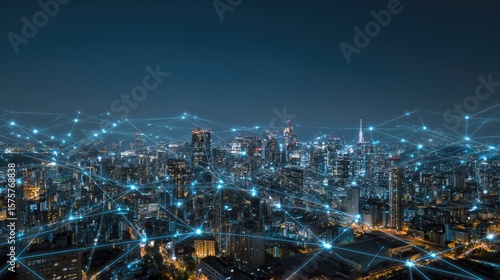 Wallpaper Mural Digital Cityscape: A modern cityscape bathed in the cool glow of digital connections, illuminated against the backdrop of a twilight sky. Torontodigital.ca