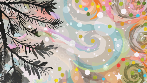 Abstract winter scene with pine branches swirls and colorful dots creating a festive atmosphere