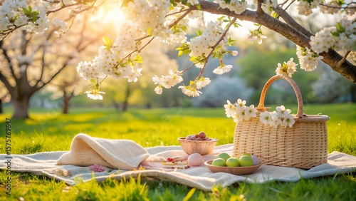 Photo of a charming easter picnic setup in a sundrenched orchard with blooming trees, featuring a woven basket, colorful eggs, and fresh berries on a blanket