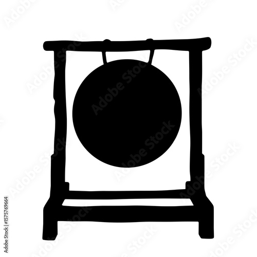 Silhouette of meditation gong on wooden stand, mindfulness and relaxation tool
