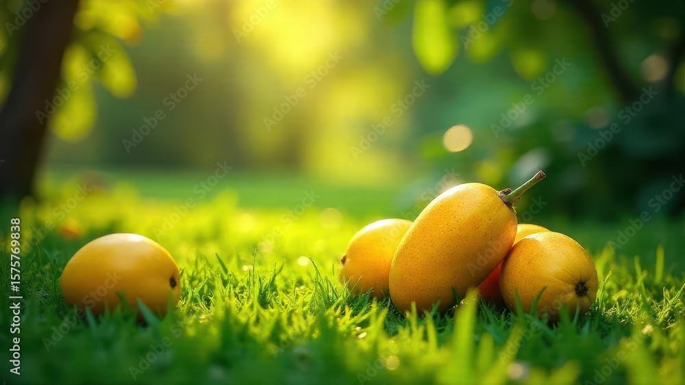 Fototapeta premium Golden tropical fruits resting on lush green grass bathed in warm sunlight