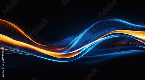 Abstract flowing waves of orange and blue light on black background