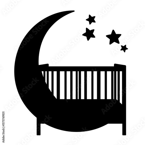 Silhouette of crib with moon and stars, celestial nursery theme