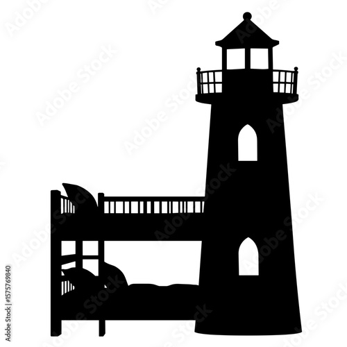 Silhouette of lighthouse-shaped bunk bed, coastal nautical theme for kids