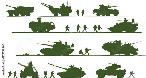 Collection of steel tank or armored tank and soldier silhouettes
