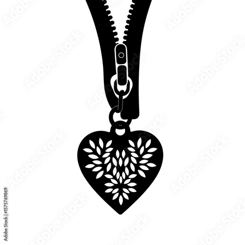 Heart-shaped pendant on zipper silhouette, romantic fashion accessory