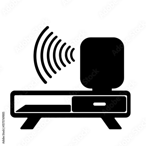 Silhouette of smart speaker emitting sound waves on table, digital assistant icon