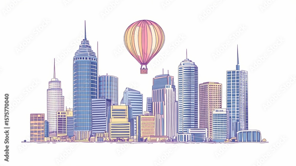 Fototapeta premium City skyline with hot air balloon illustration.
