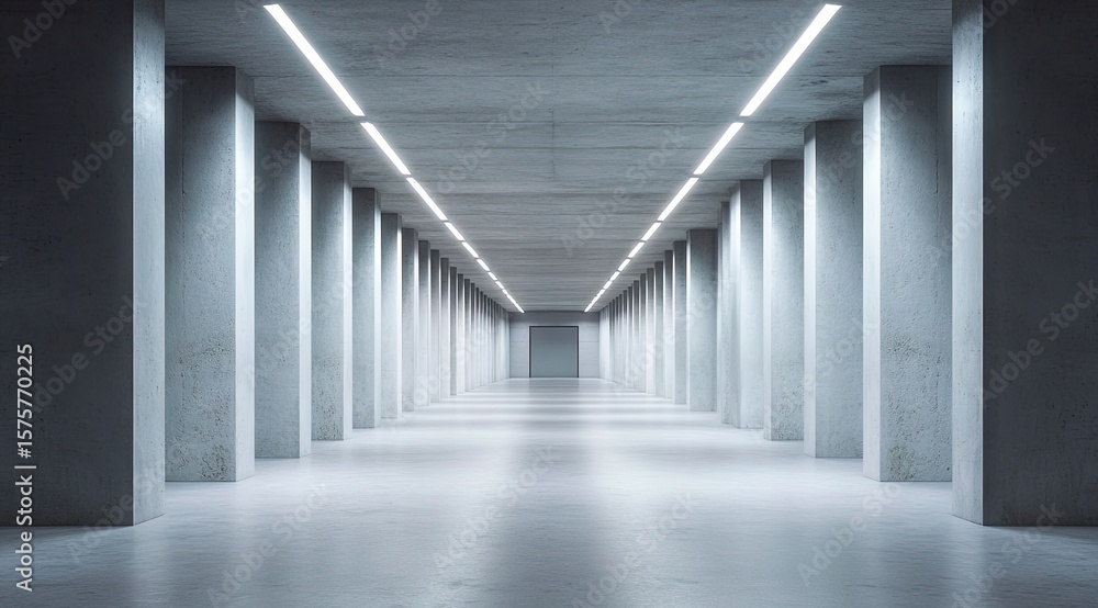 Fototapeta premium Empty, long concrete tunnel lit by bright lines