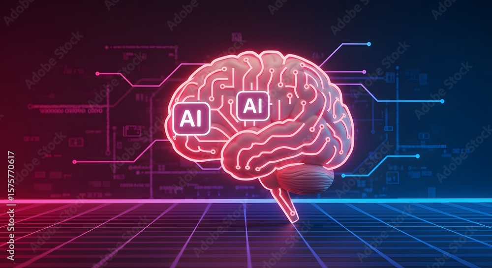 AI Brain: Artificial Intelligence Concept with Neural Network and Digital Chips on Futuristic Grid AI Brain: Artificial Intelligence Concept with Neural Network and Digital Chips on Futuristic Grid