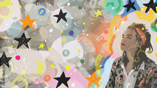 Woman looking up surrounded by stars and circles in a colorful abstract background illustration