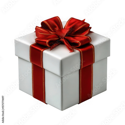 Elegant white gift box with red ribbon and gold trim isolated on transparent background