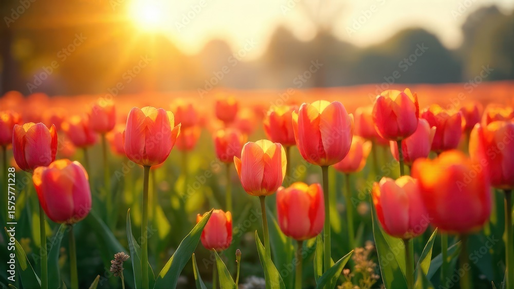 Obraz premium Golden Hour Illumination on a Field of Blooming Tulips, Basking in the Warmth of the Setting Sun