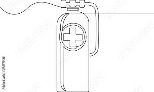 Continuous Line Drawing of Medical Oxygen Cylinder with Health Cross Symbol, Vector Illustration