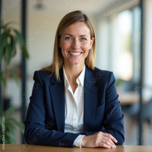 Portrait of a smiling woman in a blue suit sitting at a desk in a bright office setting indoors Free Download Portrait of a smiling woman in a blue suit sitting at a desk in a bright office setting indoors - GFXLoad