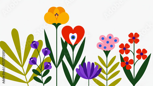 A collection of stylized botanical illustrations featuring diverse plants and flowers, intricately arranged on white background