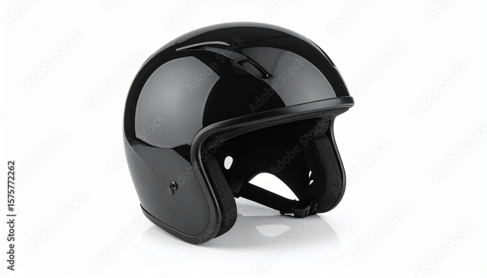 Fototapeta premium A glossy black open-face motorcycle helmet with chin strap buckle, designed for urban riders seeking style, protection, and comfort on the road.