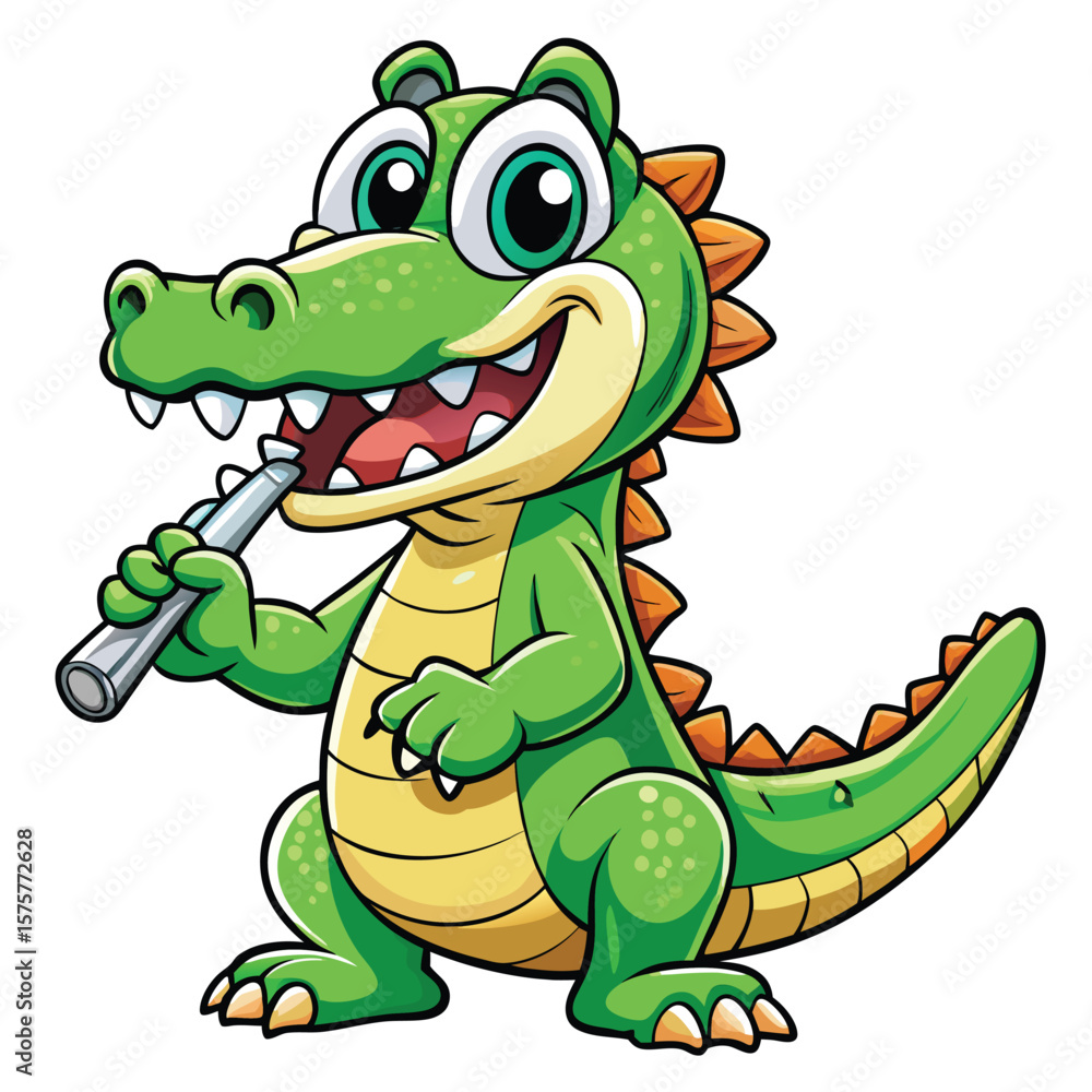 Fototapeta premium Cartoon crocodile holding a musical instrument