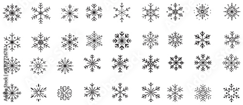Collection of diverse black snowflake icons representing winter weather and cold season silhouette